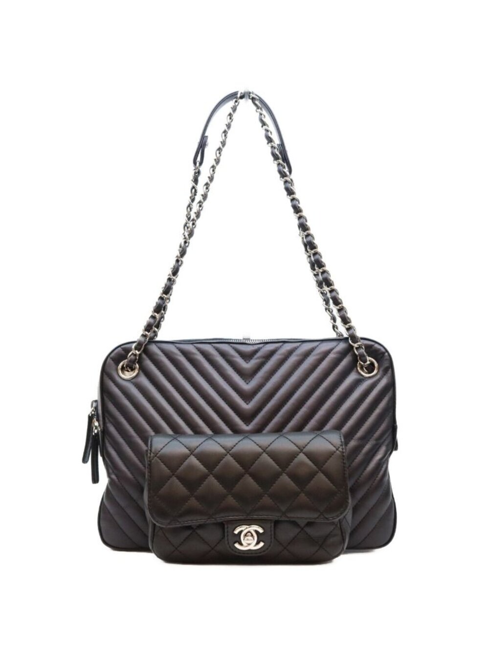 Chanel Black Navy Lambskin V-stitch Chevron Quilted Camera Case Shoulder Bag